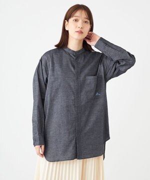  【UVカット・撥水・ストレッチ】イージーデニムノーカラーシャツ