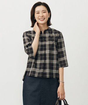  【WEB限定カラーあり・洗える】SOFT SHEER チェック キーネック ブラウス