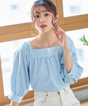  【洗える】ストライプパフスリーブブラウス