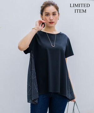  【Lサイズ限定/洗える】スカーフプリントコンビ バックフレア カットソー