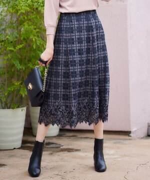  【洗える】フラワーレースチェックパネル スカート