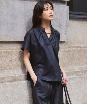 【接触冷感/UVカット】ドライスラブストレッチ スキッパー ブラウス