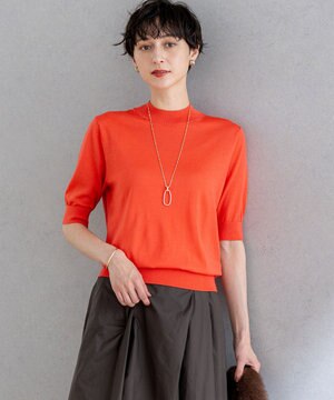  【洗える】サステナブルウール モックネック 5分袖 ニット
