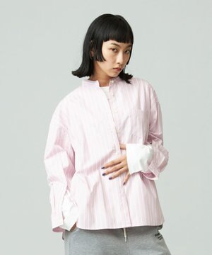  【WOMEN】タイプライターストライプ バンドカラーシャツ