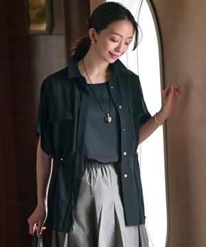  【洗える】ライトシアーマットクロス ミリタリーディティール シャツ