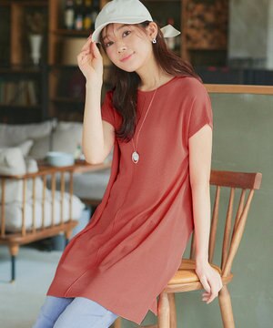  【洗える】フレンチスリーブニットチュニック