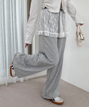  【ウエストゴム】レースレイヤードスウェットパンツ