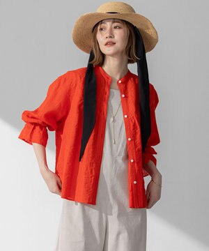  【洗える】カラミ ストライプ  切り替え ブラウス