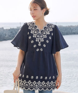 【洗える】スカラップレースチュニックブラウス