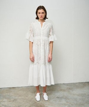  ヤシ柄カットワークワンピース