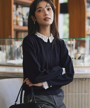  【洗える】エンブロイダリー フラワーレースコンビ ニット