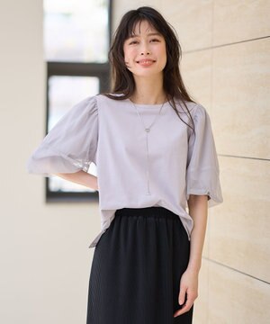  チュールコンビパフスリーブプルオーバー