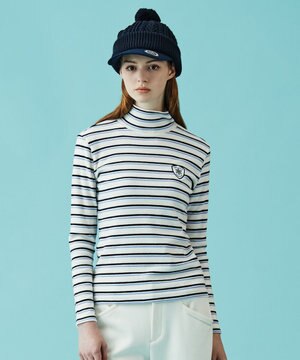  【WOMEN】【吸湿発熱】グランサーモ ボーダー柄 モックネック カットソー