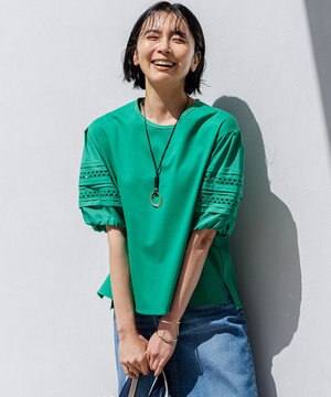  【洗える】アイレットジャージー パフスリーブ カットソー