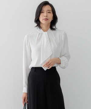  【吸水速乾/UVケア/防シワ性】バックサテンアムンゼン ボウタイ付き 2WAY ブラウス