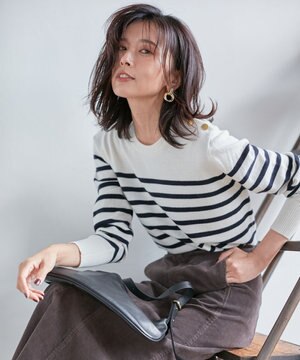  【CLASSY.12月号掲載】セミウーステッドウール 肩ボタン ボーダー ニット