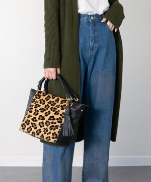  【ANDREA CARDONE】レザーハンドルレオパード柄ハンドバッグ