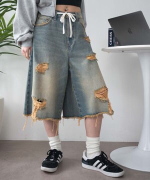  【SMサイズ展開】ヴィンテージウォッシュダメージバギーハーフパンツ