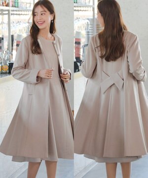  【ウール混】ノーカラーバックリボンウールコート