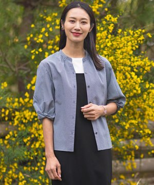  【洗える】バイカラーギンガム&ストライプ ブラウス