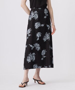  【洗える】リネンオックスフラワープリント スカート