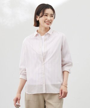  【洗える】ランダムストライプ シャツカラー ブラウス