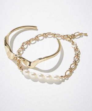  【2SET】メタルバングル パールセットブレスレット