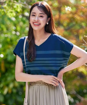  【洗える】マルチボーダーフレンチスリーブニット