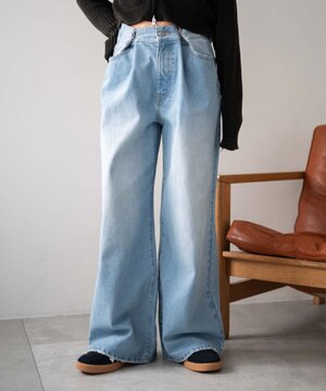  【ウエスト調整付き】ウエストフックデニムワイドパンツ