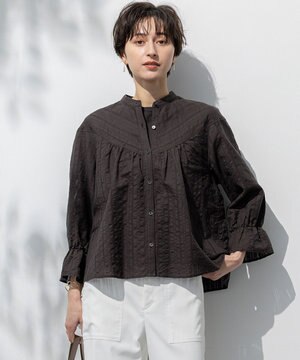  【洗える】カラミ ストライプ  切り替え ブラウス