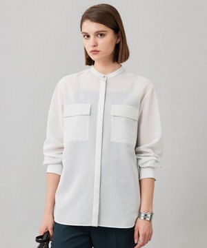  【洗える】シアーボイル バンドカラーシャツ