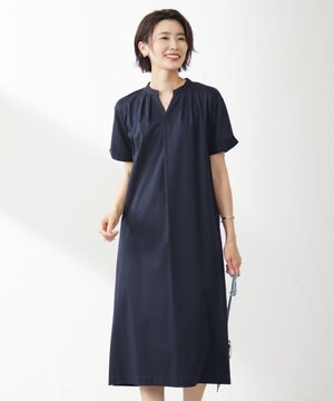 【接触冷感・UVケア】コンパクトコットンスムース バンドカラー ワンピース