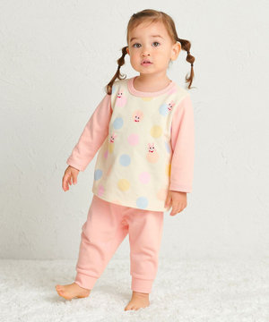 【80-120cm】 ドット柄 ミニ裏毛パイル素材 腹巻き付き長袖パジャマ