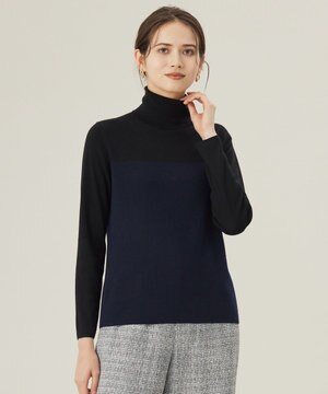 【洗える】シルクウールリブタートルネック ニット