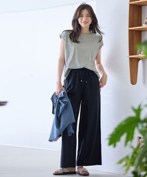  【ウエストゴム】リネンレーヨンワイドパンツ