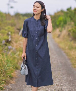  【洗える】麻ポリエステルストレッチ ワンピース