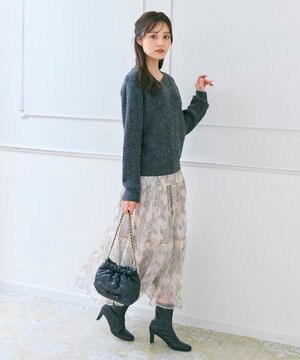  ニット×ティアードレース スカート