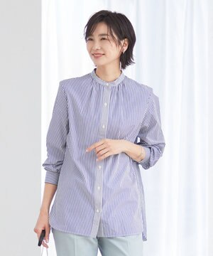  【洗える】 コンパクトコットン ストライプ バンドカラー ブラウス