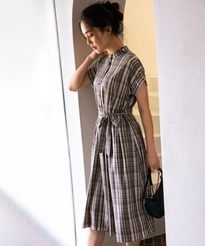  【リボンタイ付き】シアーツイルチェック ワンピース