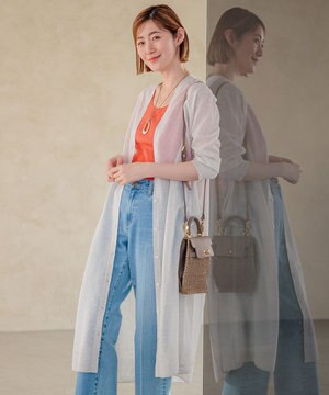  【洗える】シャイニーシアー ニット ロングカーディガン