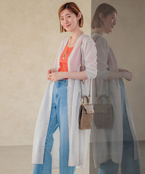 【洗える】シャイニーシアー ニット ロングカーディガン