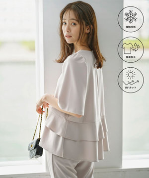 【接触冷感・吸湿・UVカット】ジョーゼットジャージーフリルブラウス