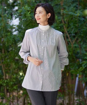  【洗える】BEZ C/Ny ドビーストライプ バンドカラー ブラウス