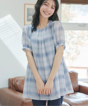  シフォンチェックパフスリーブチュニック