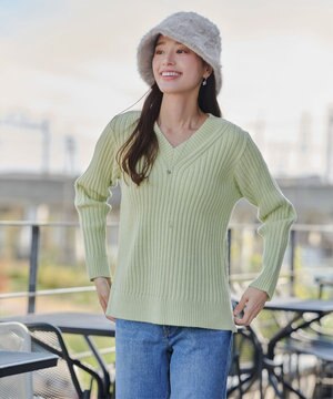  【洗える】Vネックリブ編みニット
