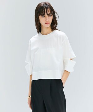  【洗える】DUOMO / コットンスリットスリーブトップス