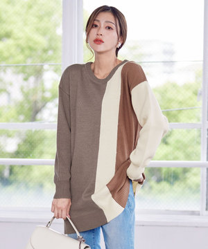 【洗える】配色ニットチュニック
