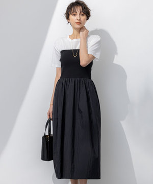 【洗える】ブライトナイロンワッシャー ニットコンビワンピース