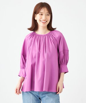  コットンサテンランタンスリーブブラウス