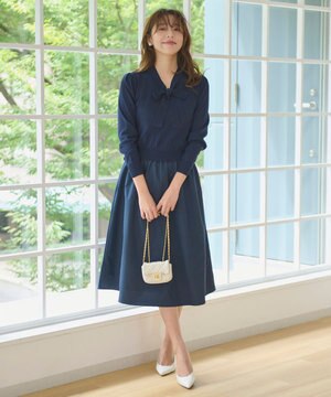  【洗える】ニットドッキング ボウタイワンピース